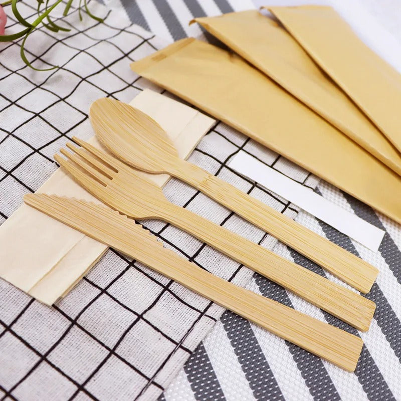 Light brown bamboo cutlery set with knife, fork, spoon (20 sets)