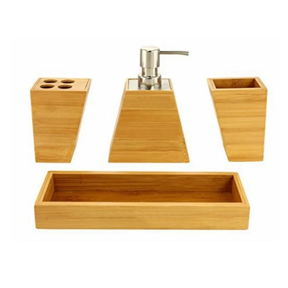 Light brown bamboo bathroom set with pump and compartments