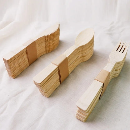 Light brown bamboo cutlery set with knife, fork, spoon (20 sets)