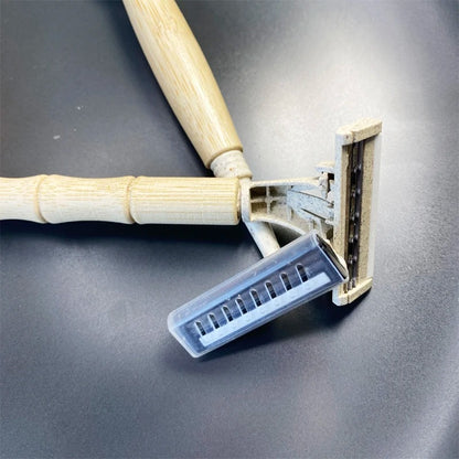 Light brown bamboo razors with varied handle designs and head styles