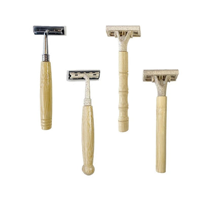 Light brown bamboo razors with varied handle designs and head styles